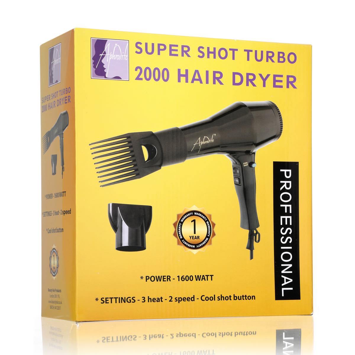Aphrodite Super Shot Hair Dryer 2000 with Hair Dryer Pik Comb - beautyhair.co.ukElectricals