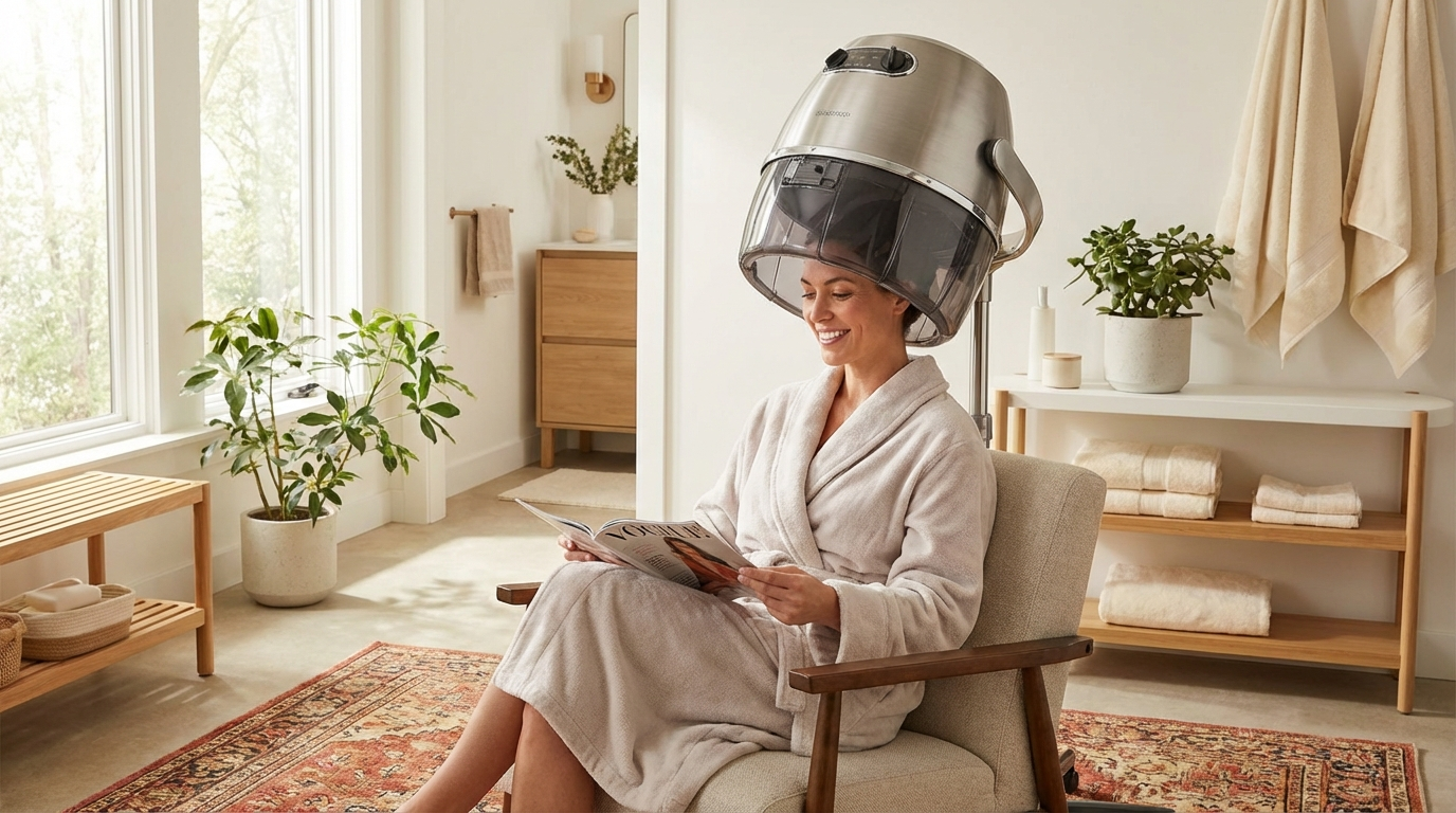 Professional hooded hair dryer in a stylish home setting