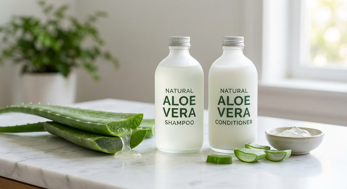 Fresh aloe vera plant with natural aloe vera shampoo bottles on marble surface