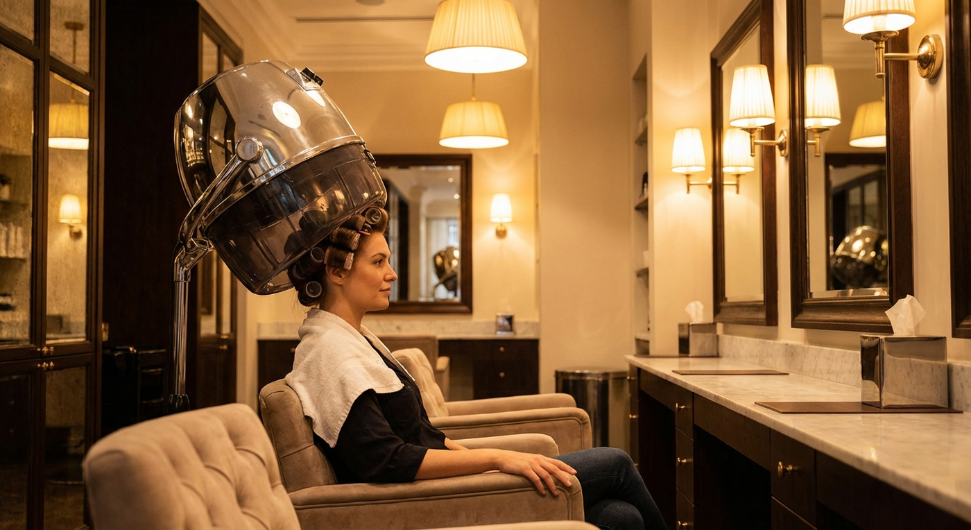 Professional salon hooded hair dryer in a luxury salon