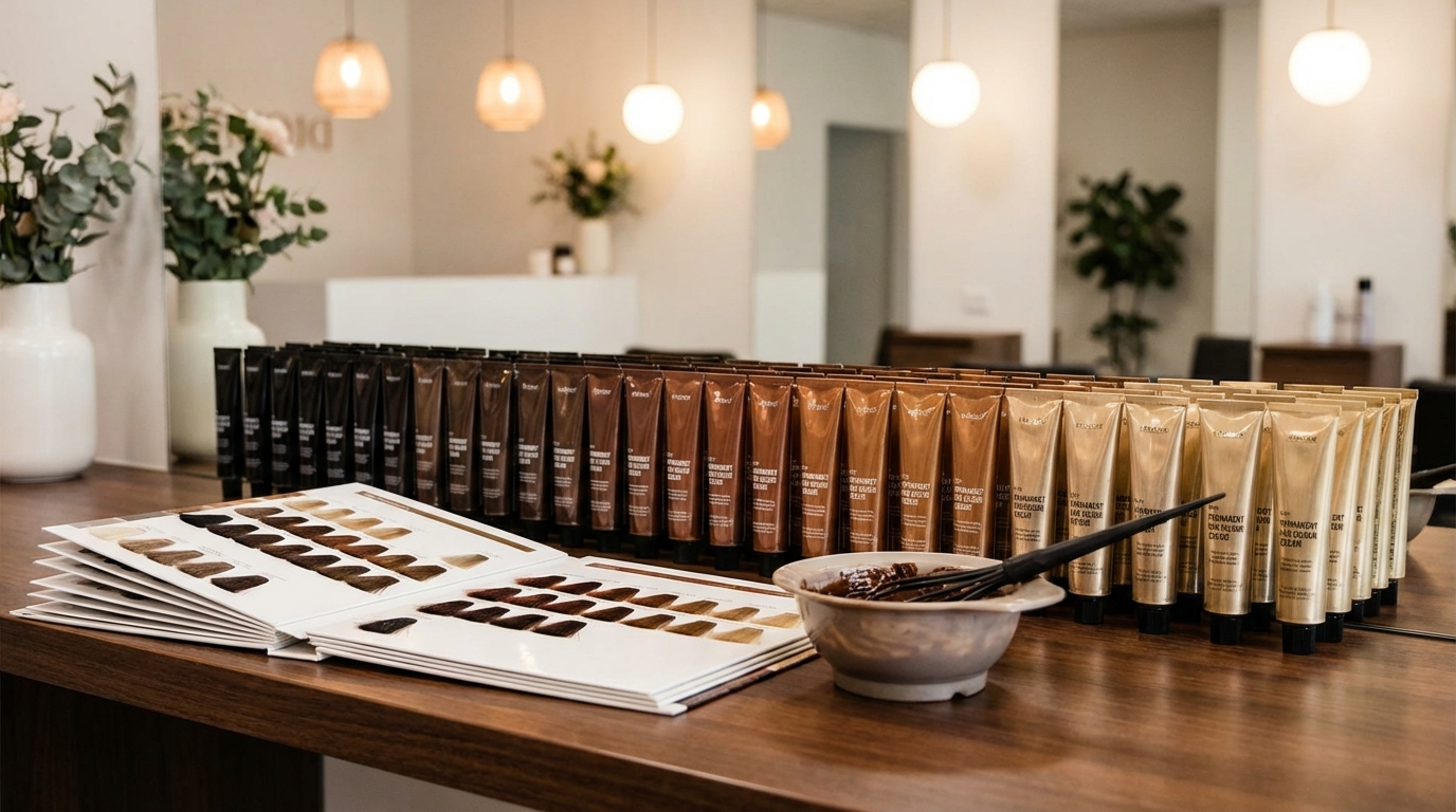 Professional hair colour tubes arranged in gradient from dark to light with mixing bowl and colour swatches