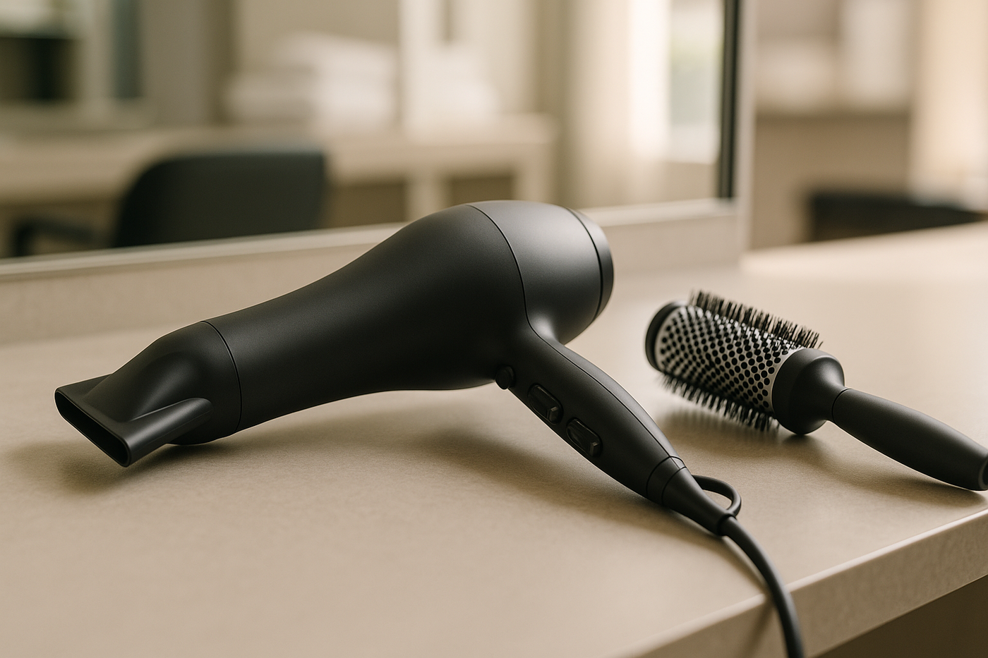 Salon-quality hair dryer with concentrator nozzle and round styling brush on a salon workstation