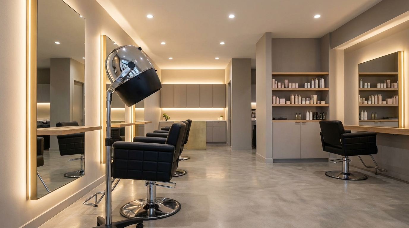 Professional salon hooded hair dryer in modern clean salon setting