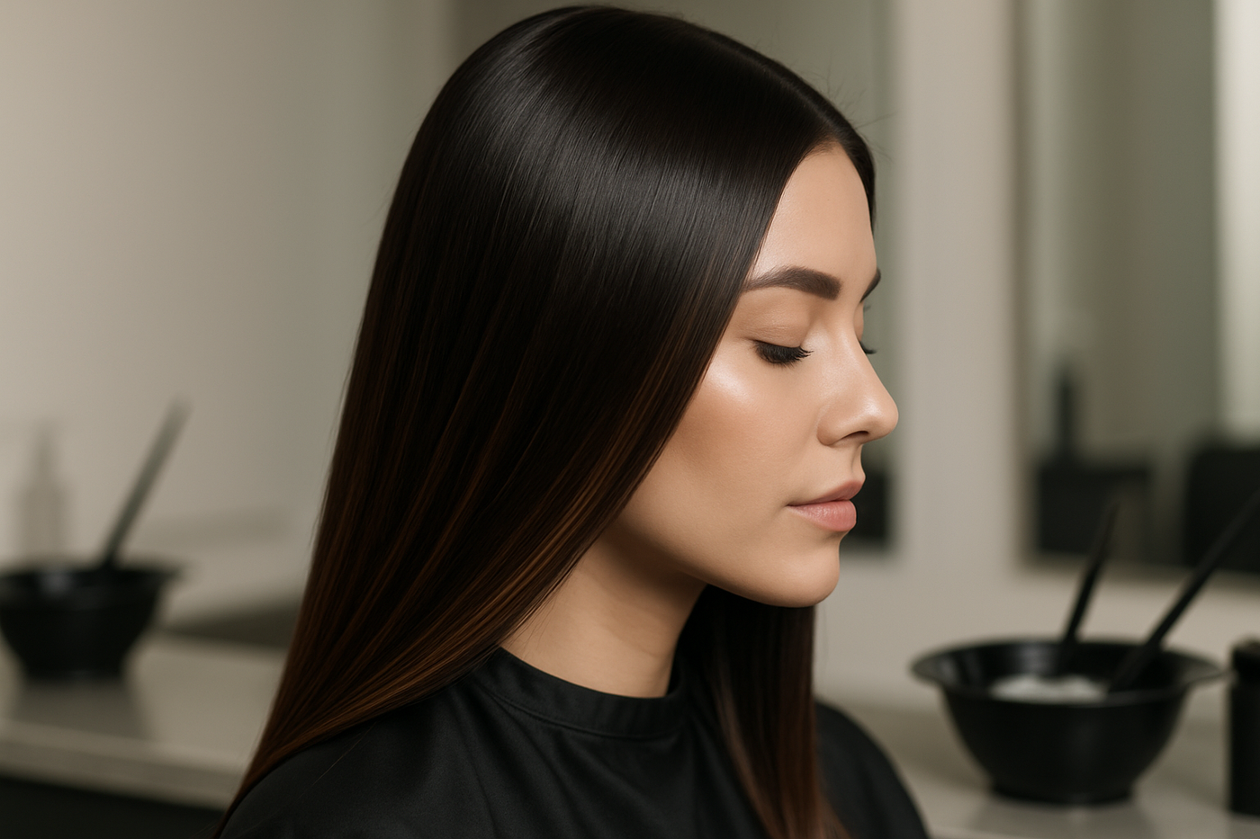 Professional hair toner guide for glossing with glossy brunette hair