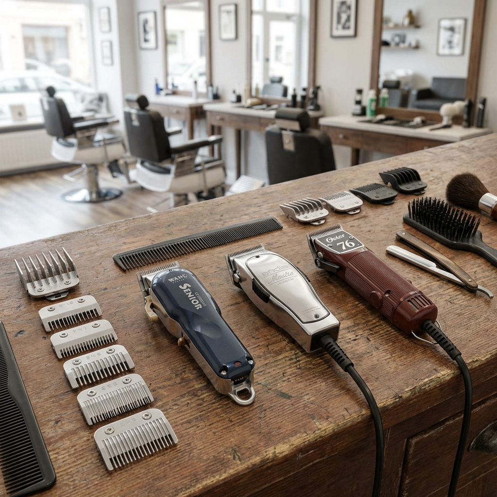 Professional barber hair clippers laid out on a barber's counter