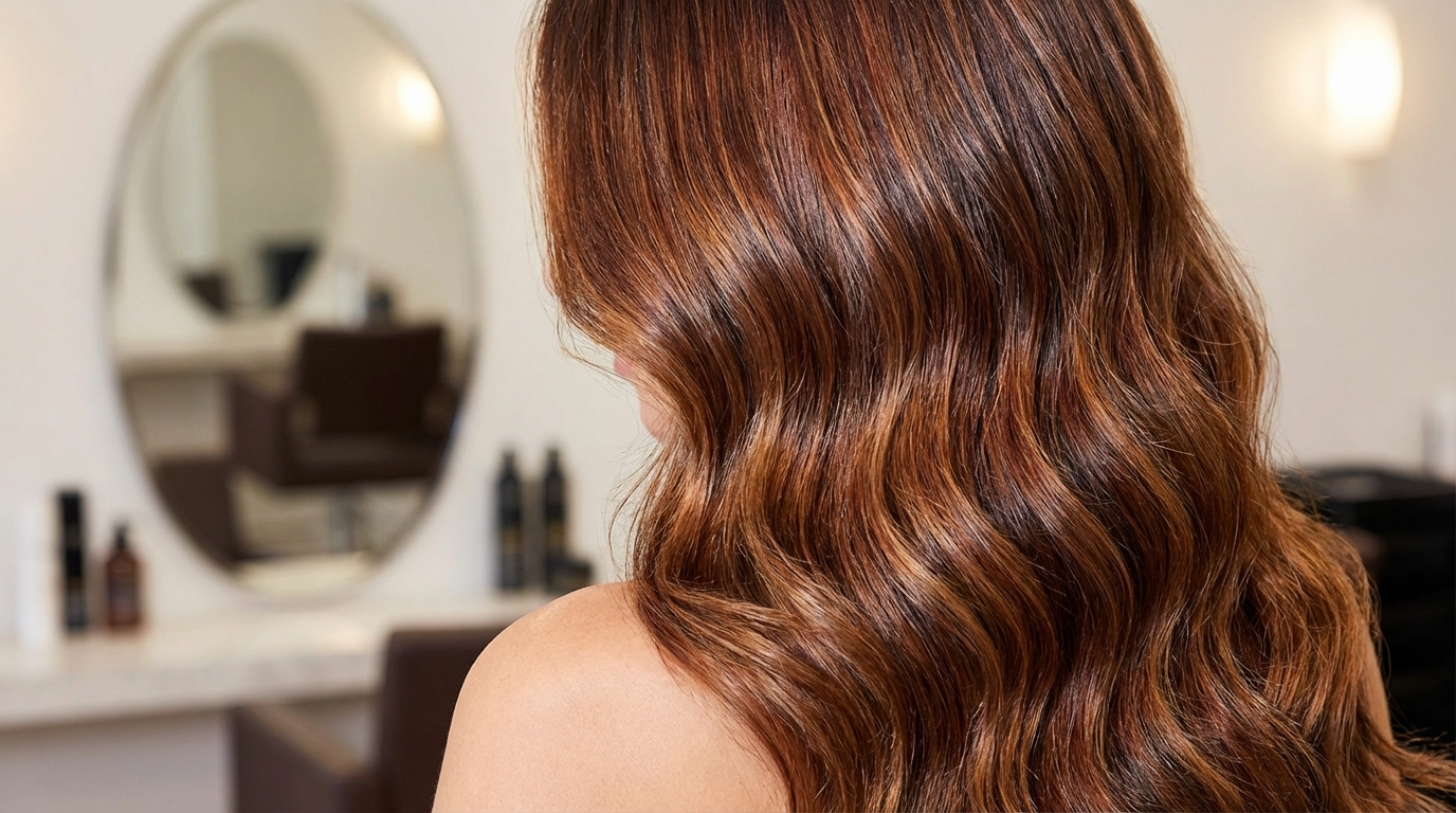Glossy healthy hair with rich multi-dimensional colour tones in professional salon lighting