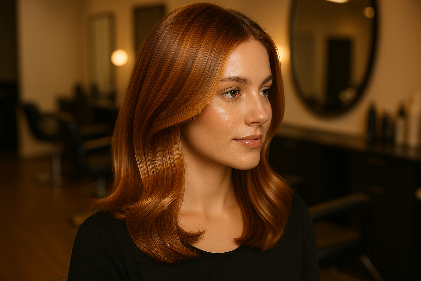 Woman with glossy demi-permanent hair colour in a salon