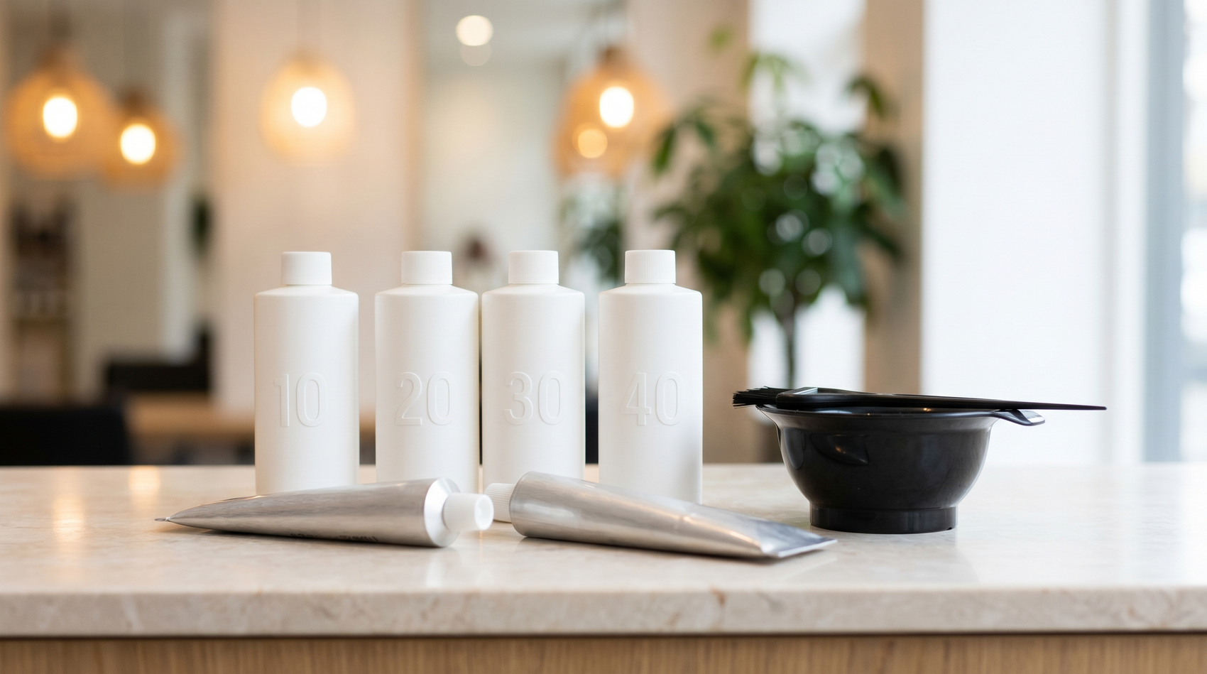 Professional hair developer bottles and colour tubes arranged on a salon countertop