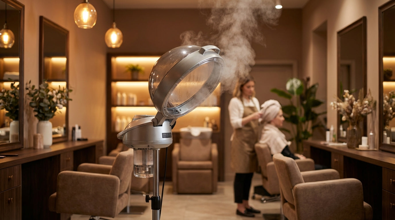 Professional hair steamer in a salon setting