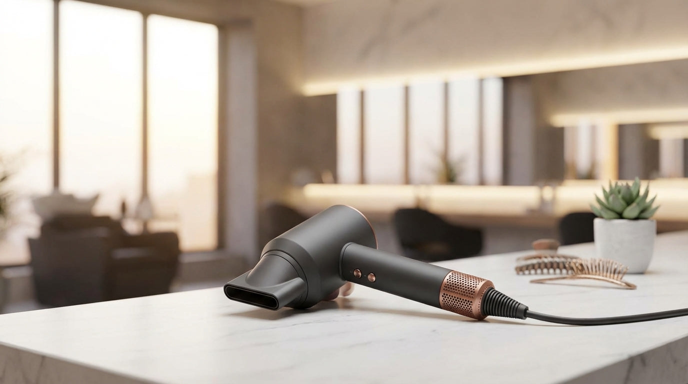 Professional portable hair dryer in salon setting