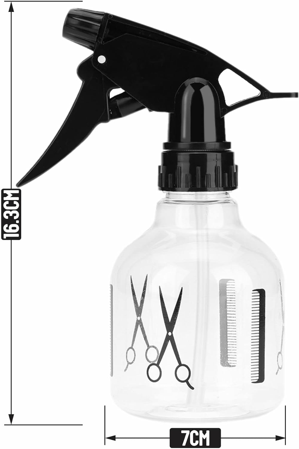 a spray bottle with scissors and a comb on it