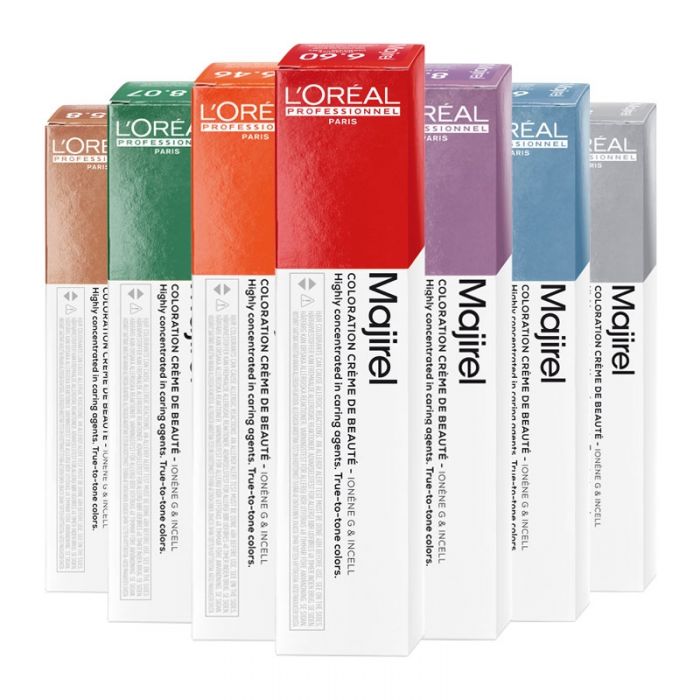 a set of five different colours of majarel hair dye tubes 